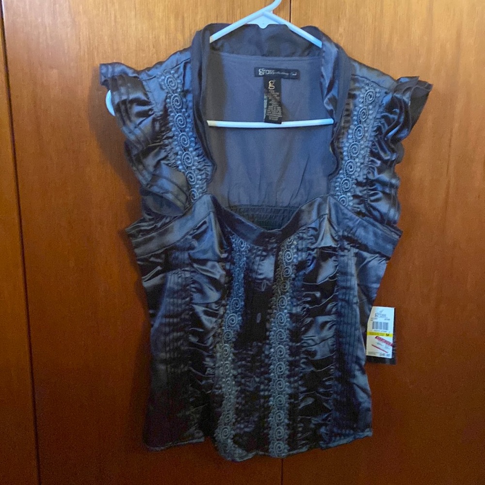 Dark grey satin button up blouse